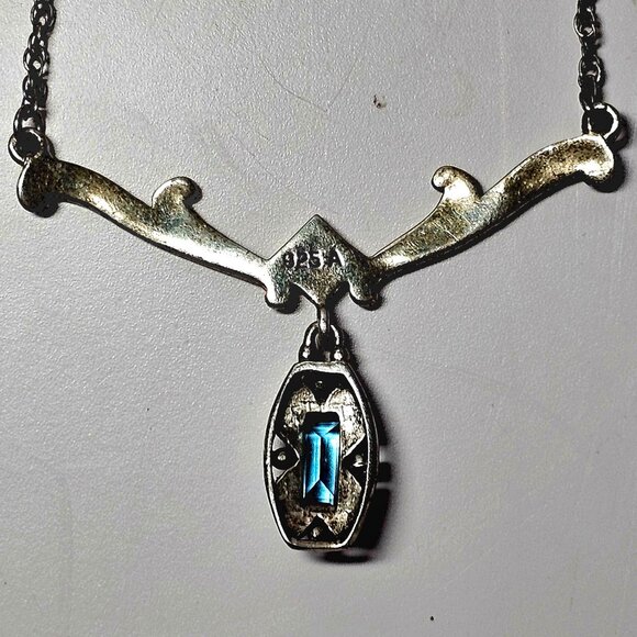 Sterling Silver 925 A Blue Gemstone - Marcasite Pendant Necklace - Picture 4 of 6